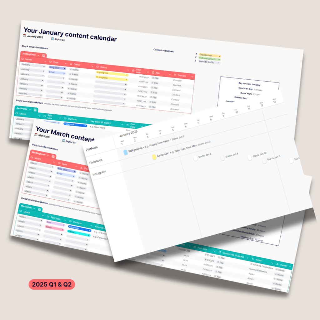 Free social media content calendar and content planner for Q1 Q2 2025