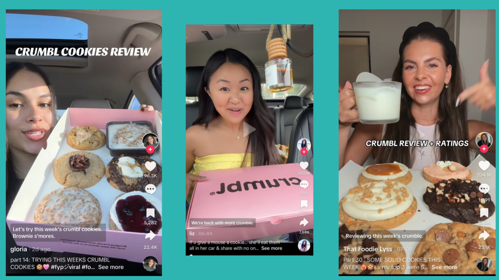 screenshots of tiktok videos reviewing crumbl cookies