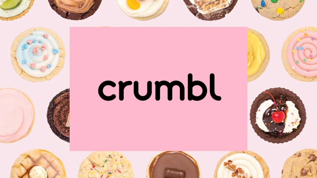 crumbl cookies in background with logo over laid