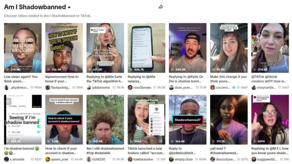 Viral videos of TikTok creators sharing their experiences of shadowbanning on TikTok