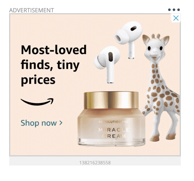 Amazon Google Display advert with most loved finds tiny prices as the text